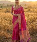 Sutriti women’s royal magenta soft semi-silk saree with heavy zari geometric border
