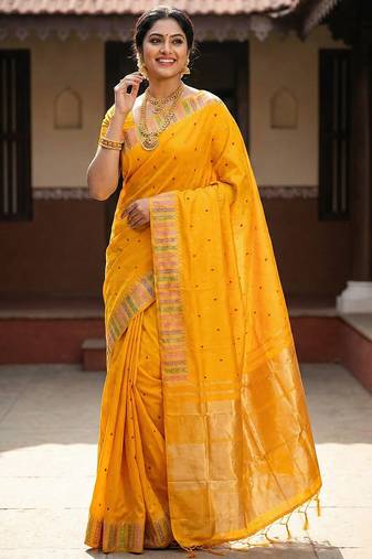 Sutriti haldi special mustard yellow soft silk saree with traditional zari border