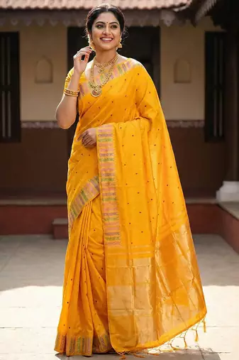 Sutriti haldi special mustard yellow soft silk saree with traditional zari border