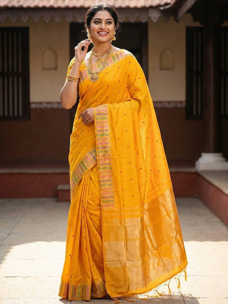 Sutriti haldi special mustard yellow soft silk saree with traditional zari border