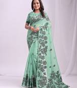 Sutriti sea green floral printed saree for women | soft lightweight day-to-night saree