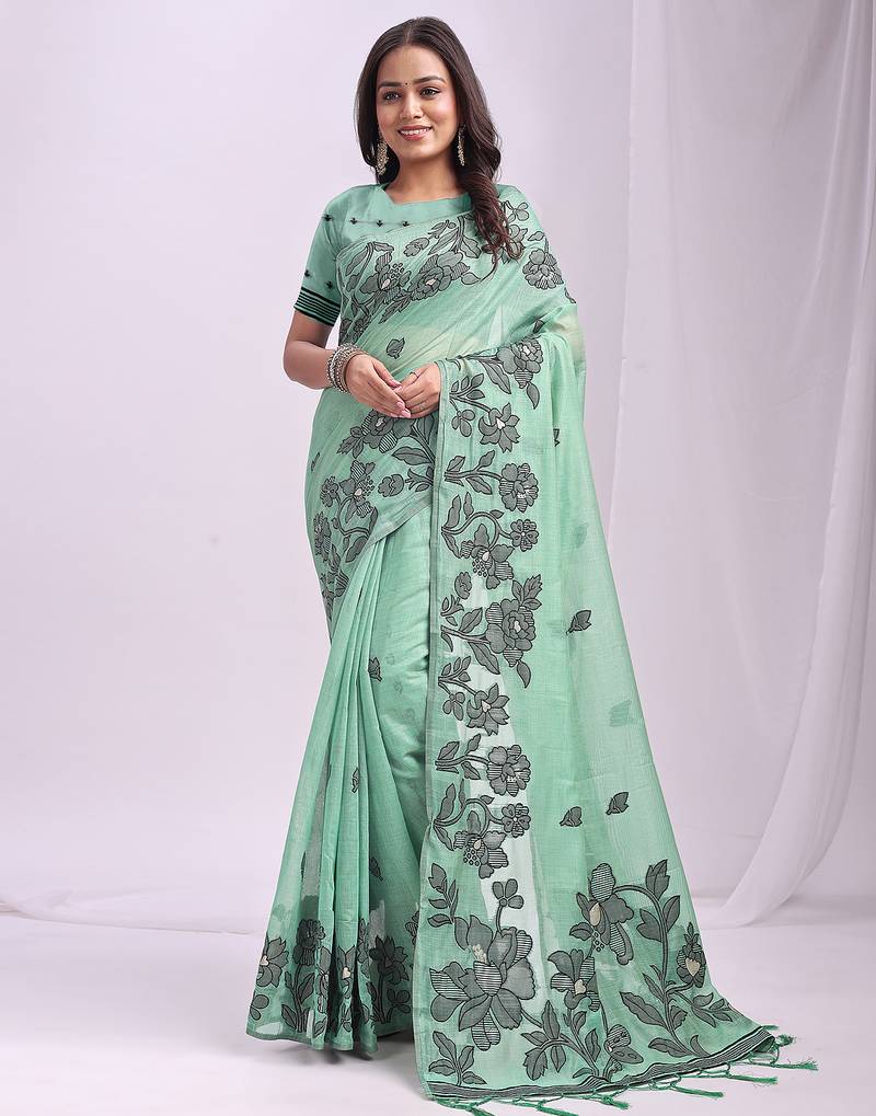 Sutriti sea green floral printed saree for women | soft lightweight day-to-night saree