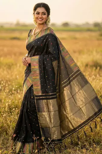 Sutriti designer midnight black & gold woven art silk saree | modern festive wear