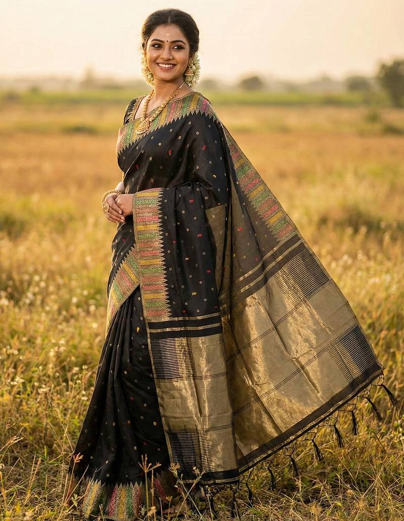 Sutriti designer midnight black & gold woven art silk saree | modern festive wear