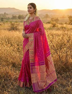 women s royal magenta soft semi-silk blend saree with heavy zari geometric border 2