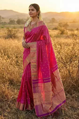 women s royal magenta soft semi-silk blend saree with heavy zari geometric border