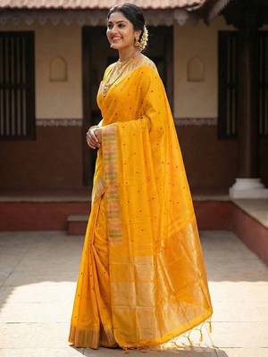 haldi special mustard yellow soft silk blend saree with traditional zari border 2