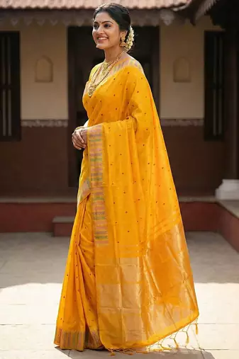 haldi special mustard yellow soft silk blend saree with traditional zari border