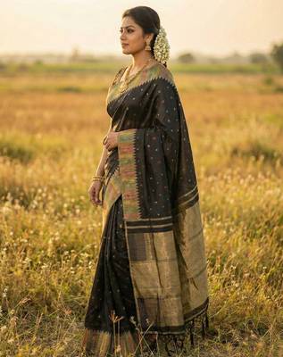 designer midnight black & gold woven art silk blend saree  2