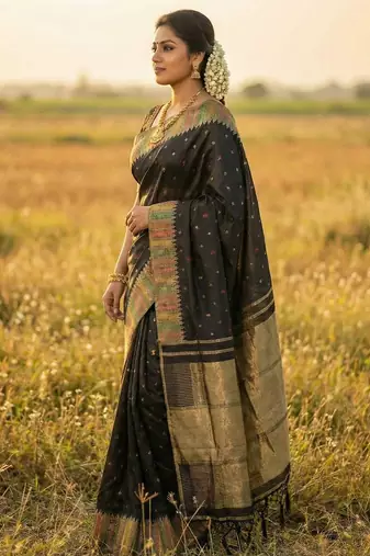 designer midnight black & gold woven art silk blend saree 