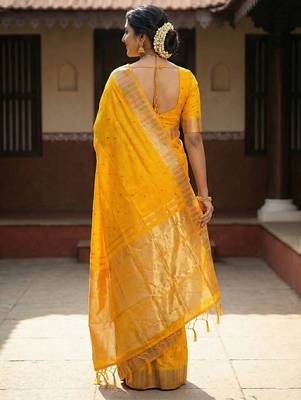 haldi special mustard yellow soft silk blend saree with traditional zari border 3