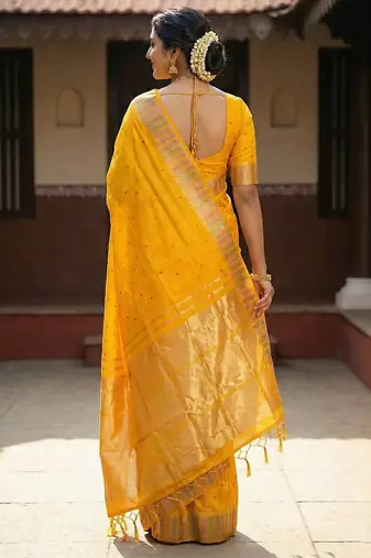 haldi special mustard yellow soft silk blend saree with traditional zari border