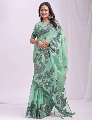 sea green floral printed saree for women  3
