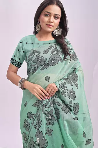 sea green floral printed saree for women 