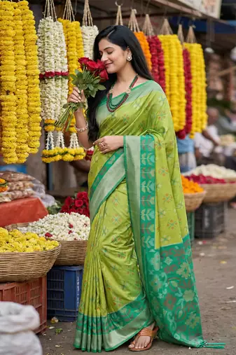 Sutriti exquisite light green & green pochampalli soft silk saree with grand ikat woven pallu