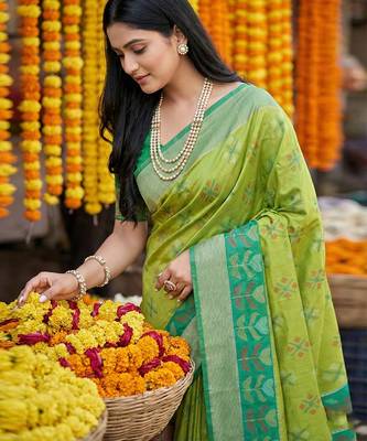 exquisite light green & green pochampalli soft silk blend saree with grand ikat woven pallu 3