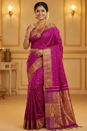 Sutriti women’s royal magenta soft semi-silk saree with heavy zari geometric border