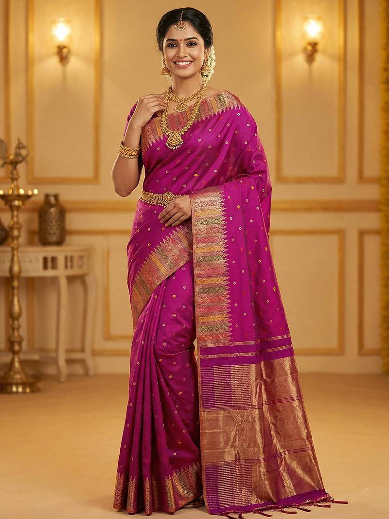Sutriti women’s royal magenta soft semi-silk saree with heavy zari geometric border