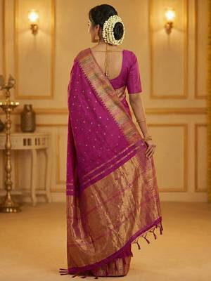 women s royal magenta soft semi-silk blend saree with heavy zari geometric border 2
