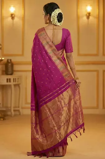 women s royal magenta soft semi-silk blend saree with heavy zari geometric border
