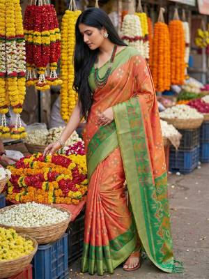 exquisite orange & green pochampalli soft silk blend saree with grand ikat woven pallu 2