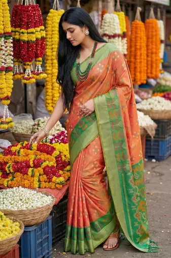 exquisite orange & green pochampalli soft silk blend saree with grand ikat woven pallu