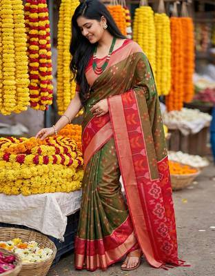 exquisite brown & red pochampalli soft silk blend saree with grand ikat woven pallu 1