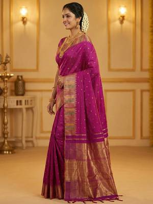 women s royal magenta soft semi-silk blend saree with heavy zari geometric border 3