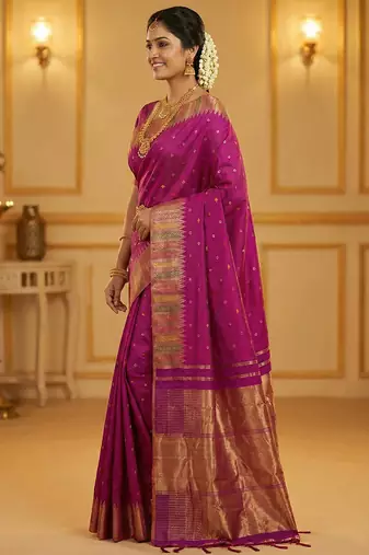 women s royal magenta soft semi-silk blend saree with heavy zari geometric border