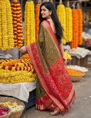 exquisite brown & red pochampalli soft silk blend saree with grand ikat woven pallu 3
