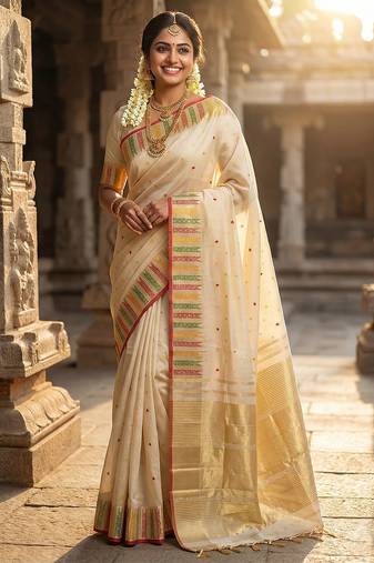 Sutriti off-white cream kerala style soft silk saree with gold zari border