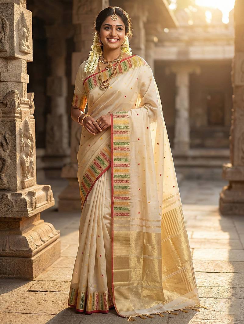 Sutriti off-white cream kerala style soft silk saree with gold zari border