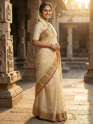 off-white cream kerala style soft silk blend saree with gold zari border 2