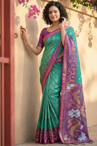 Sutriti rama green & purple pochampalli soft silk saree with traditional pallu sari