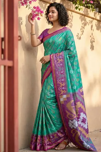rama green & purple pochampalli soft silk blend saree with traditional pallu saree