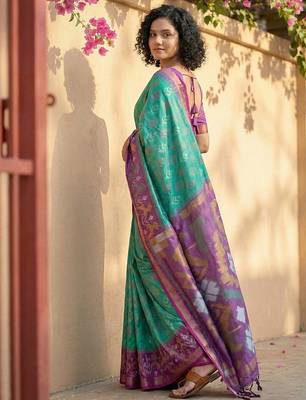 rama green & purple pochampalli soft silk blend saree with traditional pallu saree 3