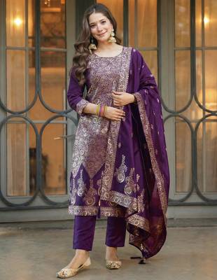Purple elegant art silk jacquard salwar suit set with round neck & matching dupatta 1