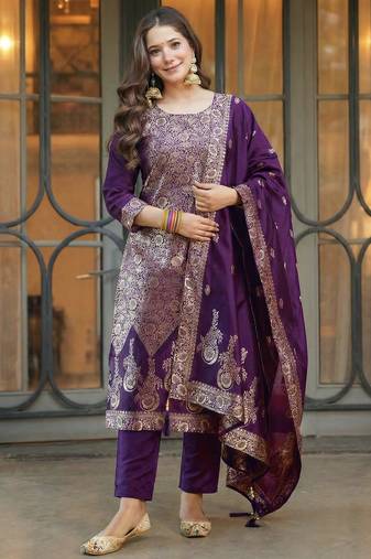 Purple elegant art silk jacquard salwar suit set with round neck & matching dupatta