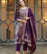 Purple elegant art silk jacquard salwar suit set with round neck & matching dupatta
