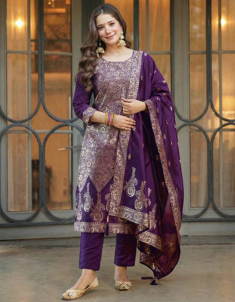 Purple  art silk jacquard salwar suit set with round neck & matching dupatta