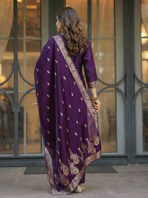 Purple elegant art silk jacquard salwar suit set with round neck & matching dupatta 2