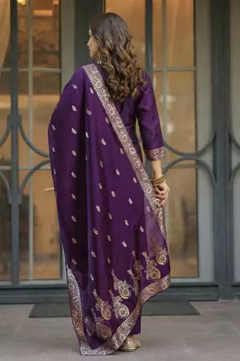 Purple elegant art silk jacquard salwar suit set with round neck & matching dupatta