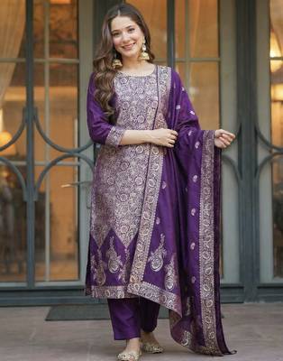 Purple elegant art silk jacquard salwar suit set with round neck & matching dupatta 3