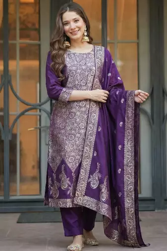 Purple elegant art silk jacquard salwar suit set with round neck & matching dupatta