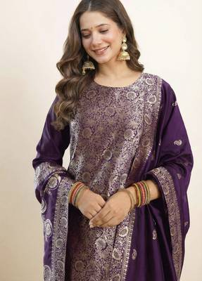 Purple elegant art silk jacquard salwar suit set with round neck & matching dupatta 4