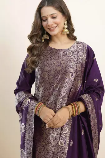 Purple elegant art silk jacquard salwar suit set with round neck & matching dupatta