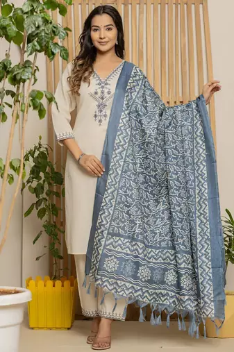 Off white elegant khadi cotton kurta set with matching pant & dupatta – ready-to-wear ethnic outfit