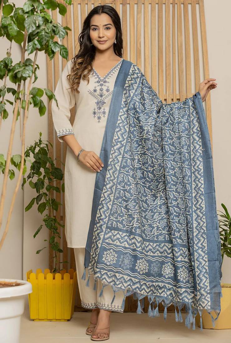 Off white  khadi cotton kurta set with matching pant & dupatta     ready-to-wear ethnic outfit