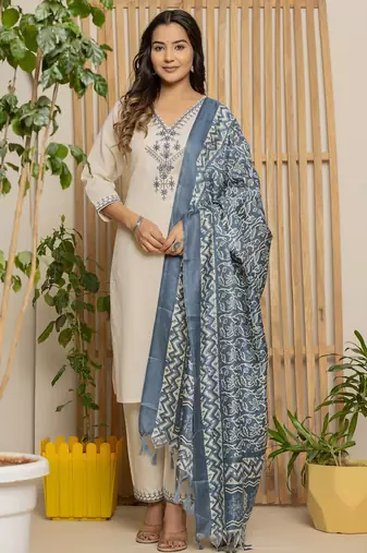 Off white elegant khadi cotton kurta set with matching pant & dupatta   ready-to-wear ethnic outfit