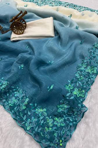 blue color embroidery work  Crunchy silk saree